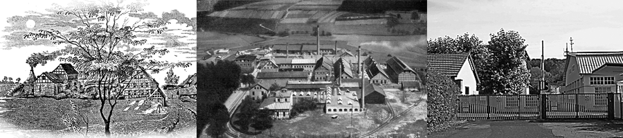 Drei Ansichten der Wchtersbacher Keramik Fabrik in Schlierbach von 1850, 1910 und 2011