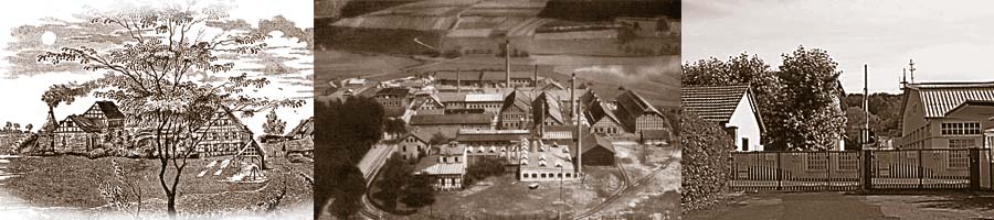 Drei Ansichten der Wchtersbacher Keramik Fabrik in Schlierbach von 1850, 1910 und 2011